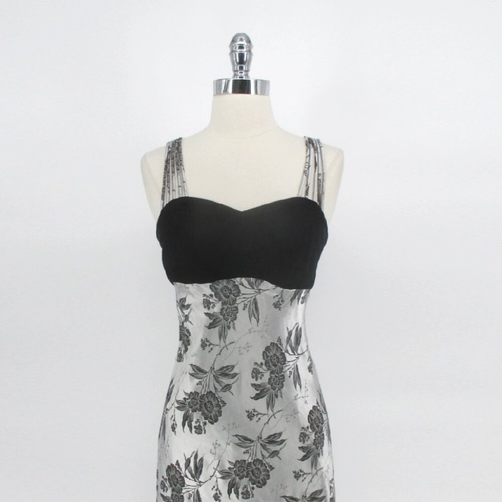 Vintage 90s Velvet Silver Jacquard Party Gown Dress XS - Picture 4 of 11